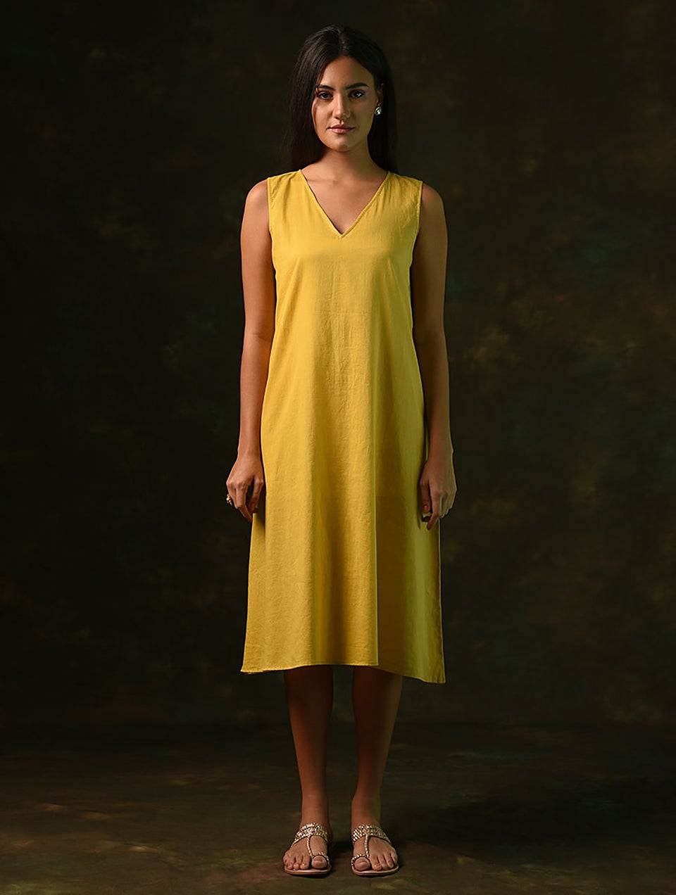 Jaypore Women Mustard Yellow Cotton Embroidered V Neck Dress M