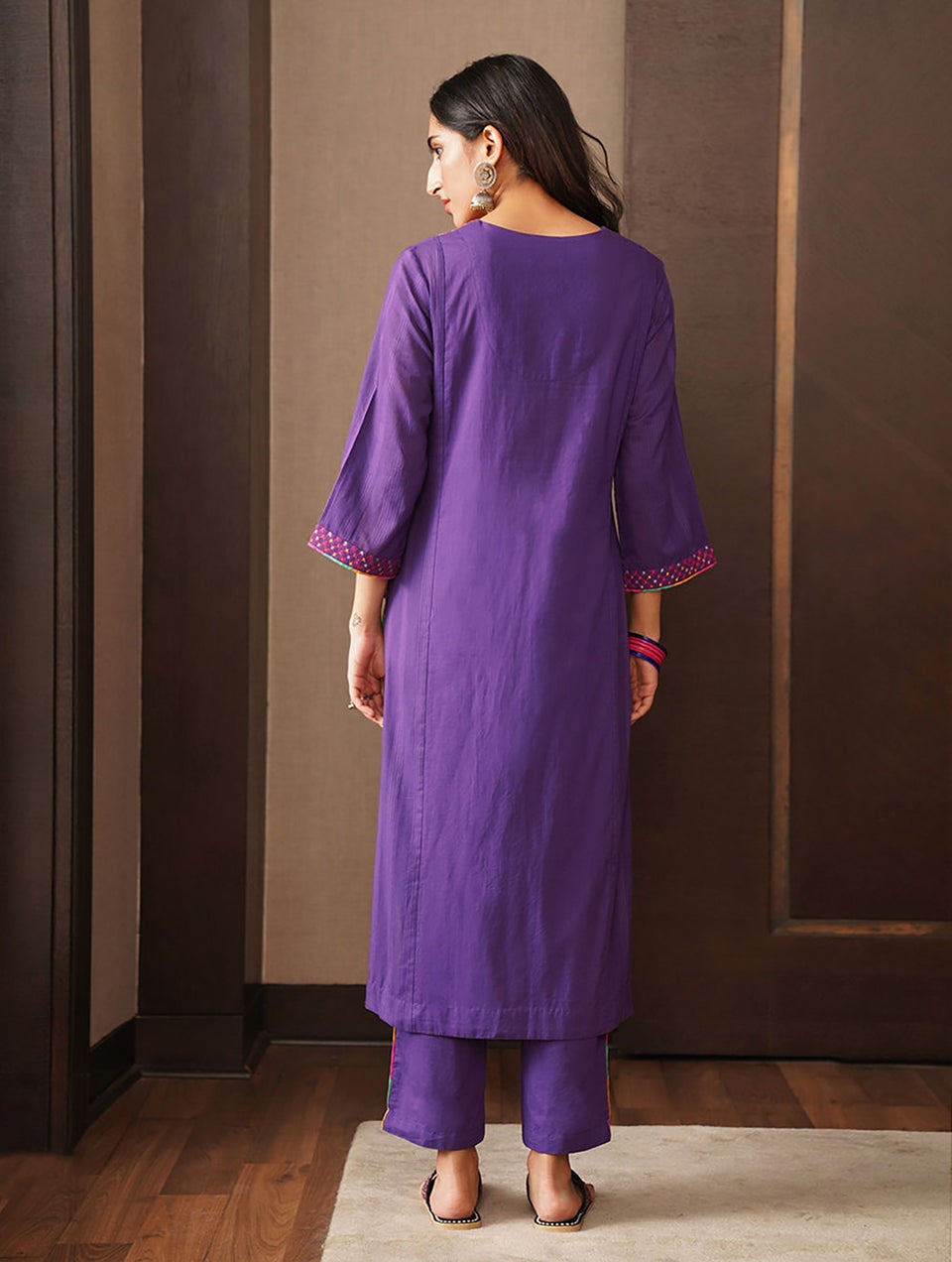 Women Purple Cotton V Neck Straight Fit Kurta - S