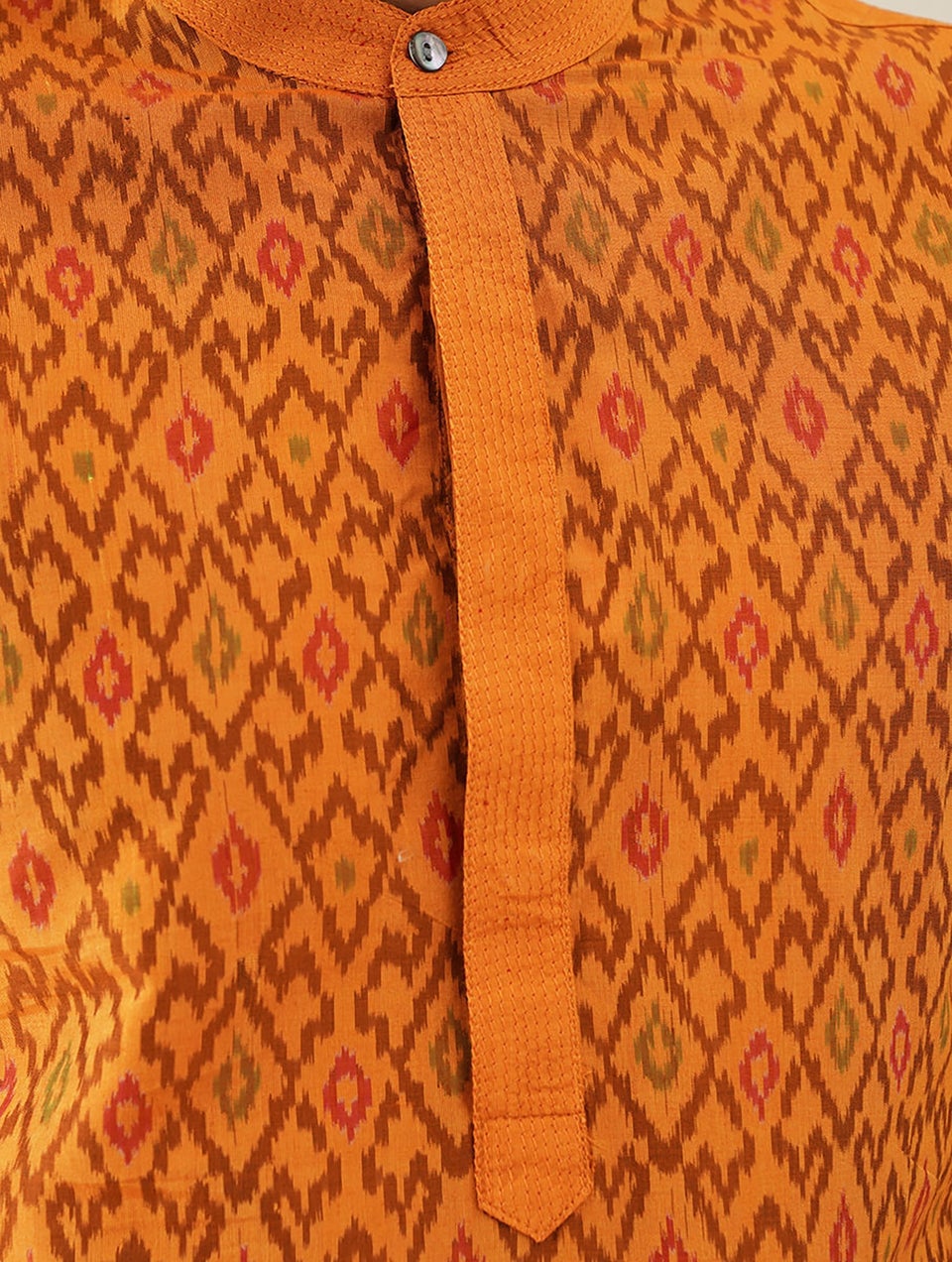 Men Mustard Yellow Cotton Ikat Mandarin Collar Regular Fit Kurta - 38
