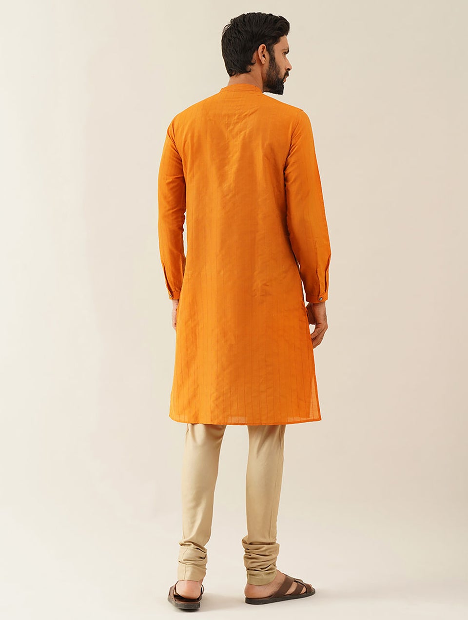 Men Mustard Yellow Cotton Ikat Mandarin Collar Regular Fit Kurta - 38