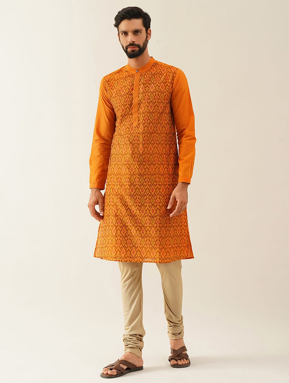 Men Mustard Yellow Cotton Ikat Mandarin Collar Regular Fit Kurta - 38