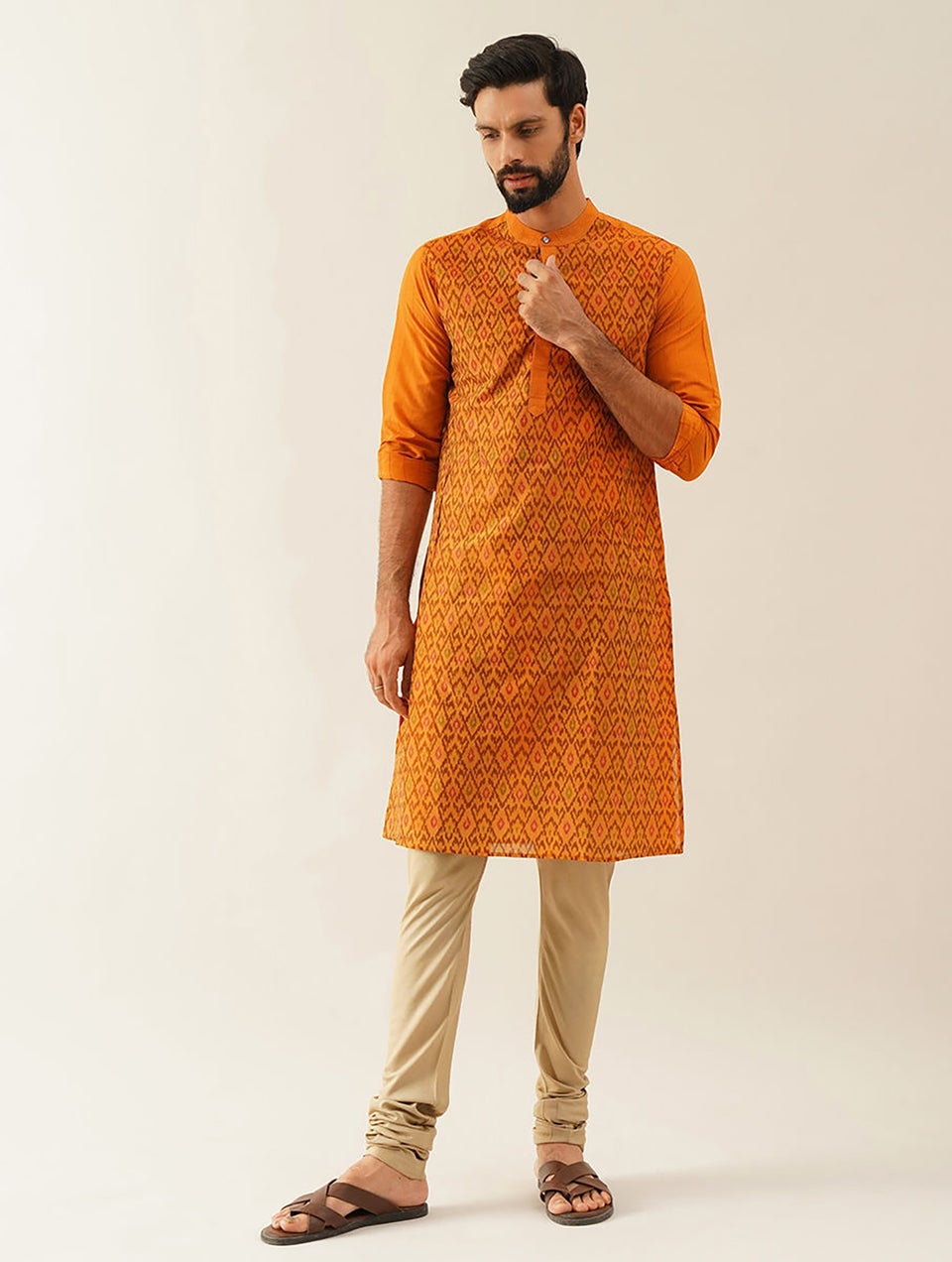 Men Mustard Yellow Cotton Ikat Mandarin Collar Regular Fit Kurta - 38