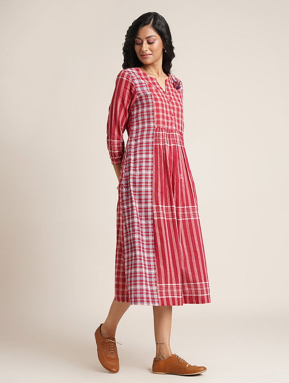 Women Multicolor Handloom Cotton Gamcha Dress With Pockets