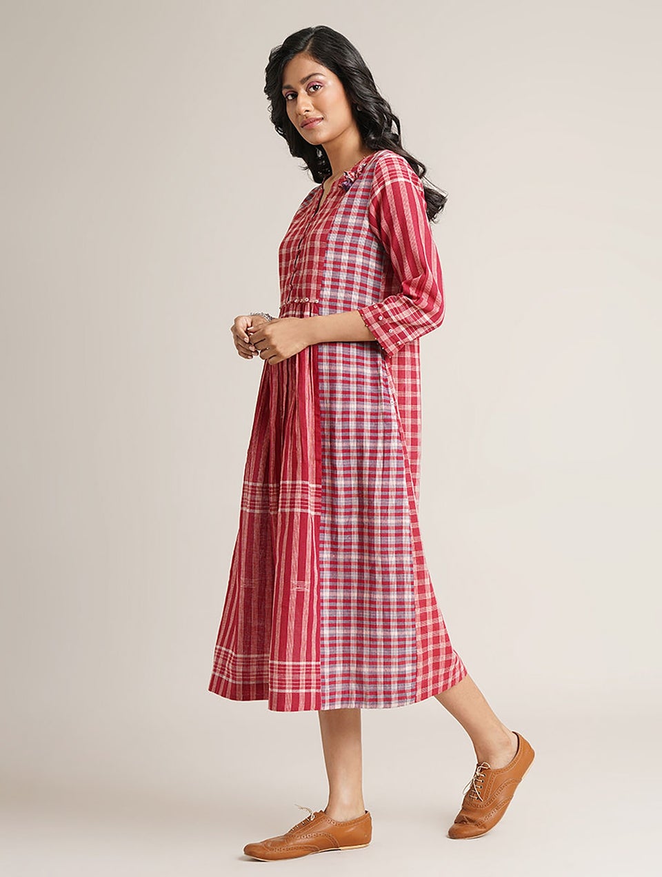 Women Multicolor Handloom Cotton Gamcha Dress With Pockets