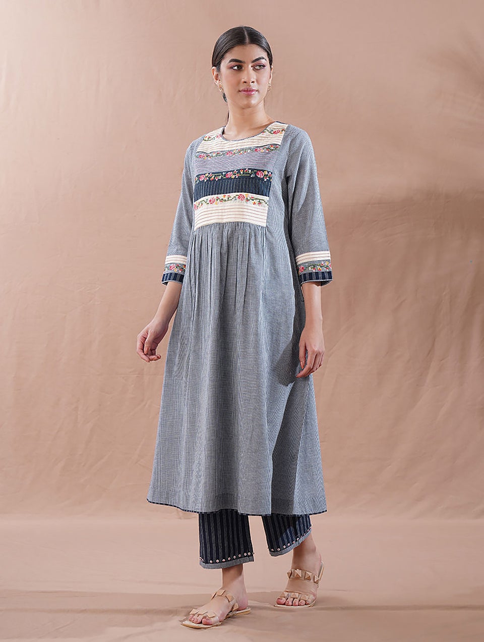 Women Blue Embroidered Cotton Dress With Gathers