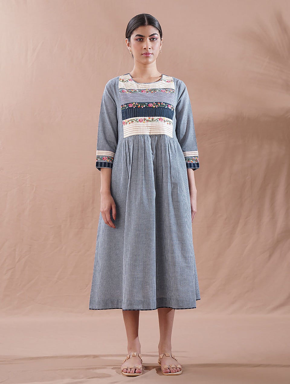 Women Blue Cotton Embroidered Round Neck Embroidered Dress - XS