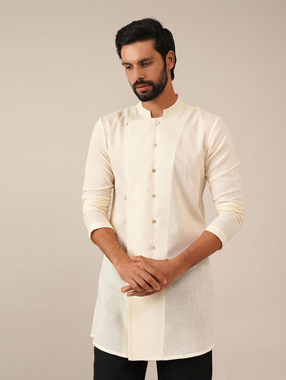 Men Ivory Handspun And Handwoven Cotton Full Sleeves Long Shirt Kurta