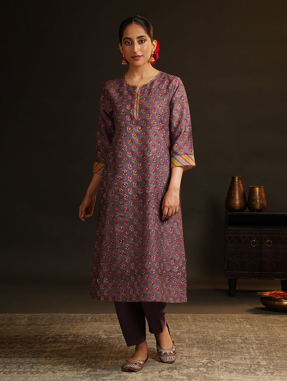 Women Multicolour Cotton Silk Block Print Round Neck Straight Fit Kurta - S