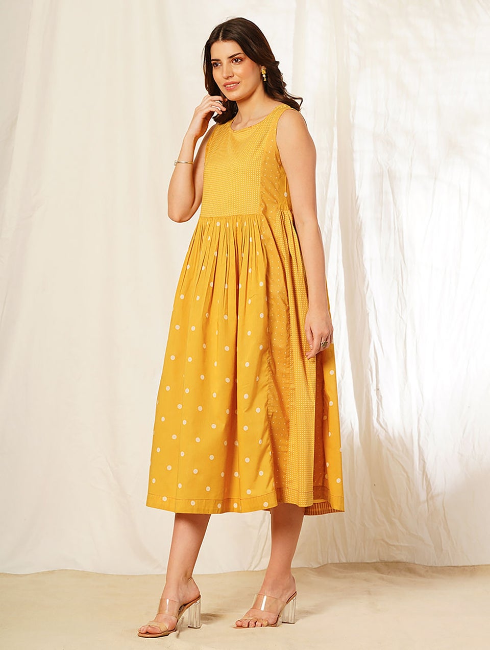 Women Mustard Discharge Print Cut Sleeves Cotton Dress with Gathers