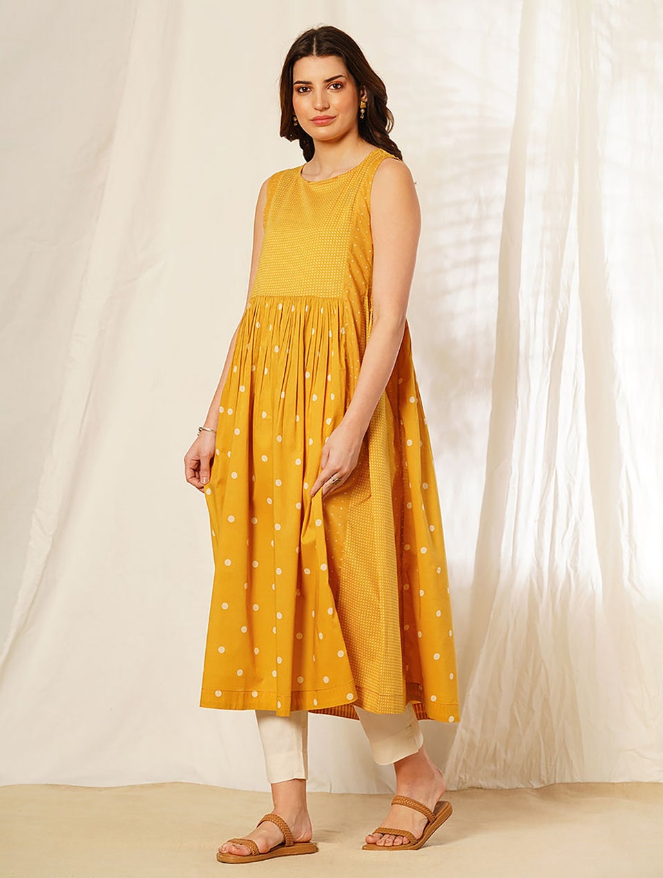 Women Mustard Discharge Print Cut Sleeves Cotton Dress with Gathers