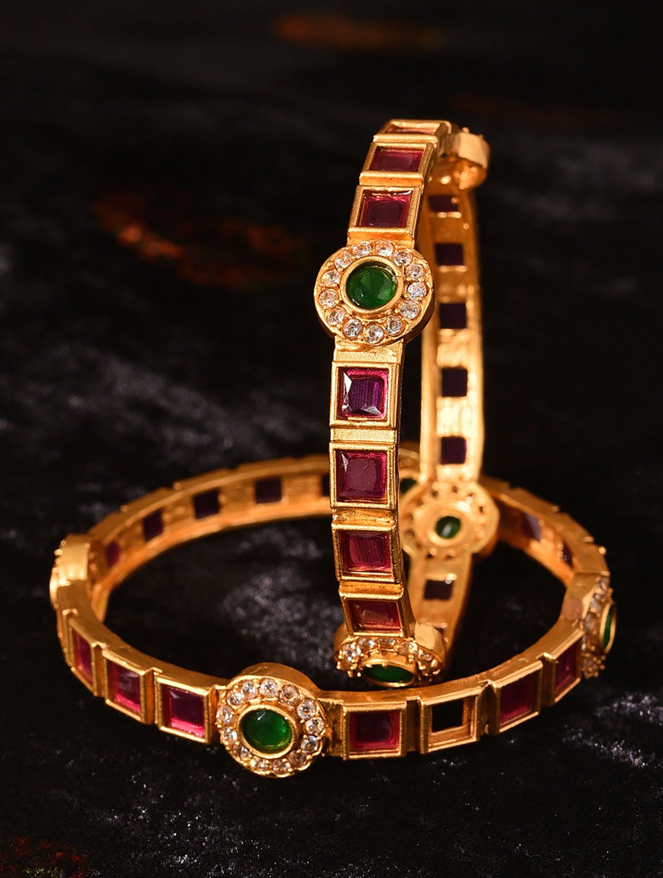 Women Red Green Gold Tone Bangle Pair - 2/6