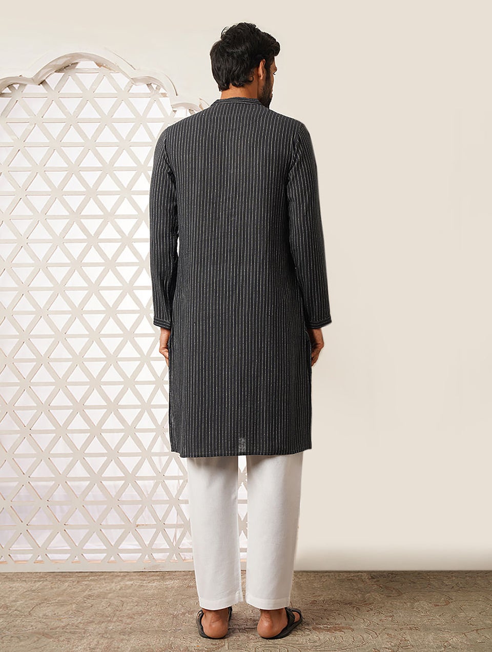 Men Black Handspun Long Cotton Kurta