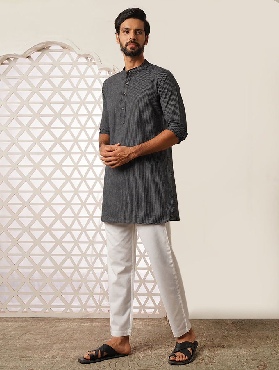 Men Black Cotton Hand Woven Mandarin Collar Regular Fit Kurta - 42