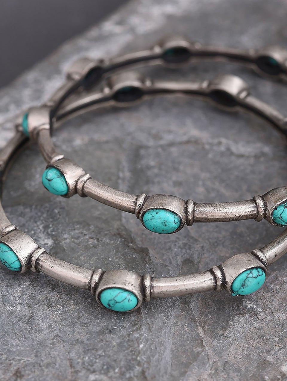 Women Turquoise Tribal Silver Bangles (Pair) - 2/4