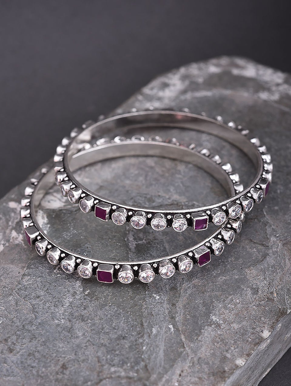 Women Pink Kempstone Encrusted Tribal Silver Bangles Pair Jaypore US