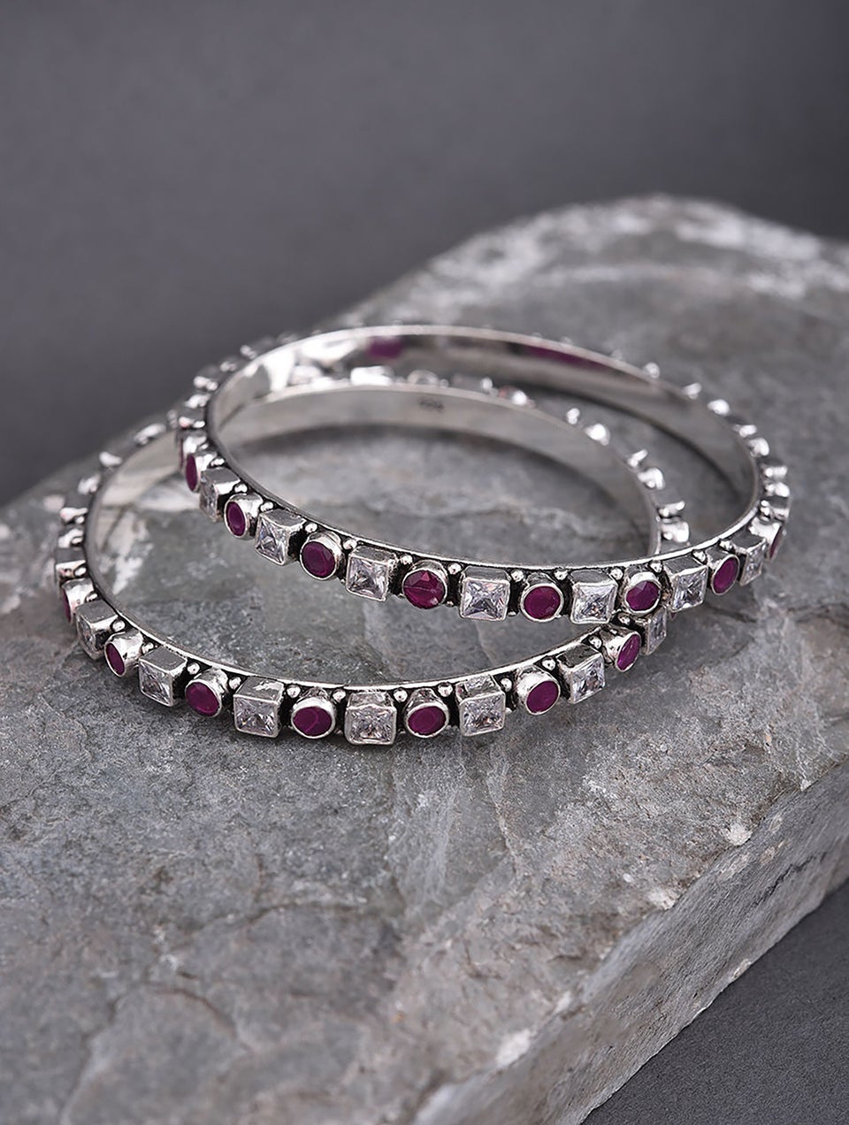 Women Pink Kempstone Encrusted Tribal Silver Bangles with Zircon (Pair)