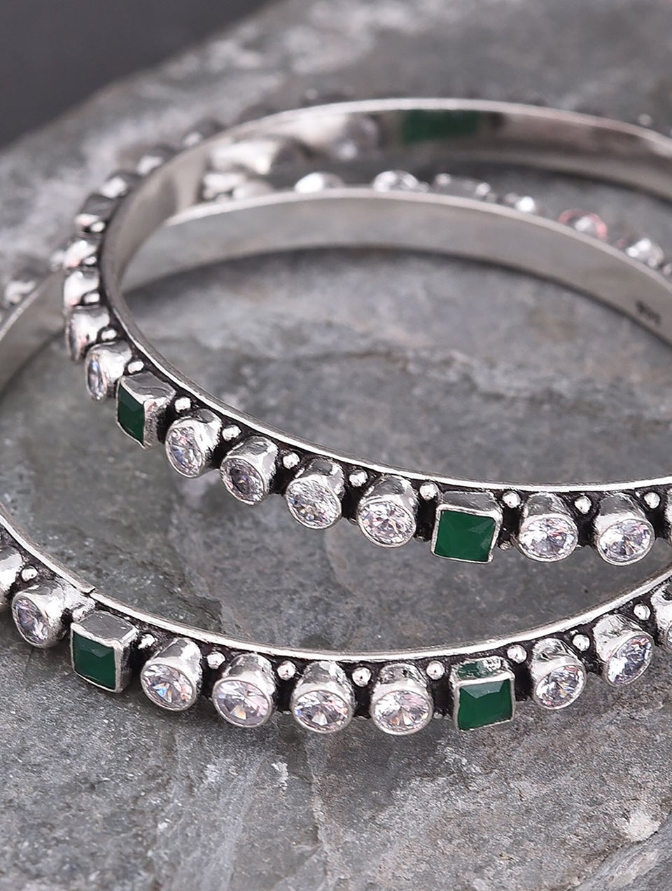 Women Green Kempstone Encursted Tribal Silver Bangles With Zircon (Pair)