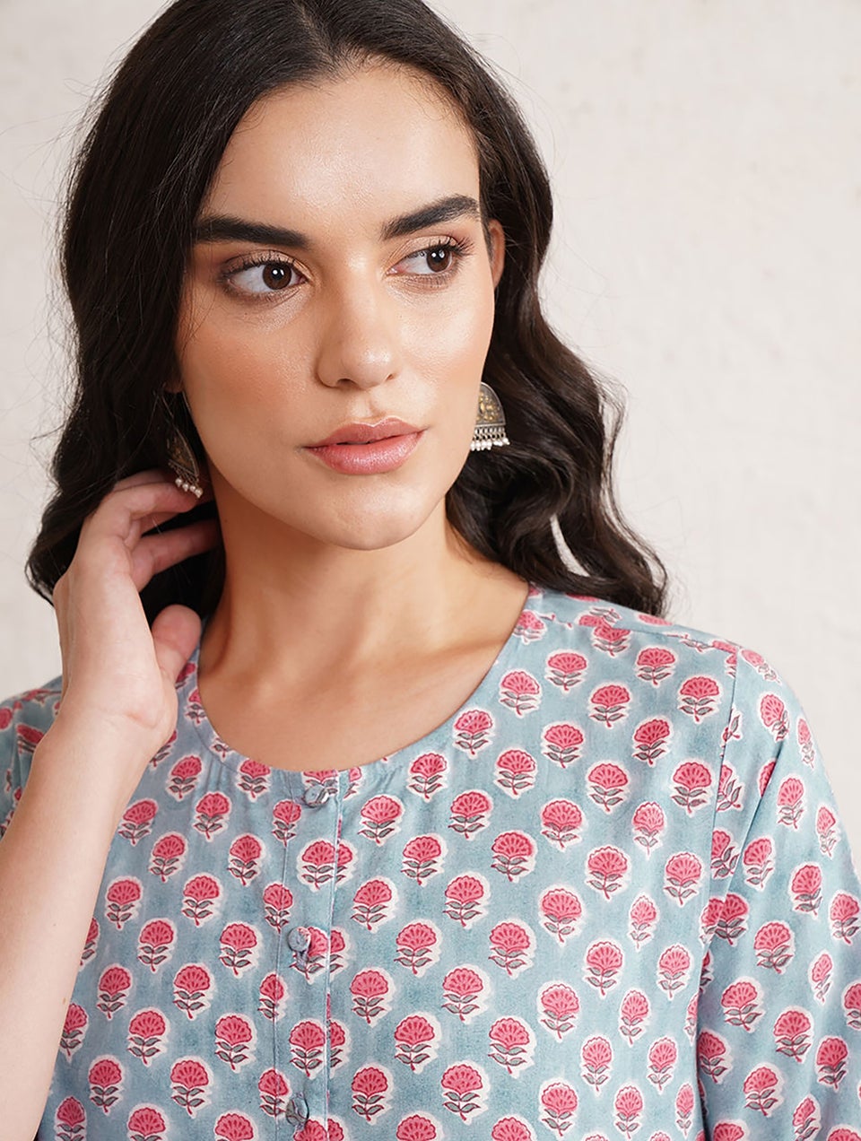 Women Blue Cotton Block Print Round Neck Straight Fit Kurta - XS