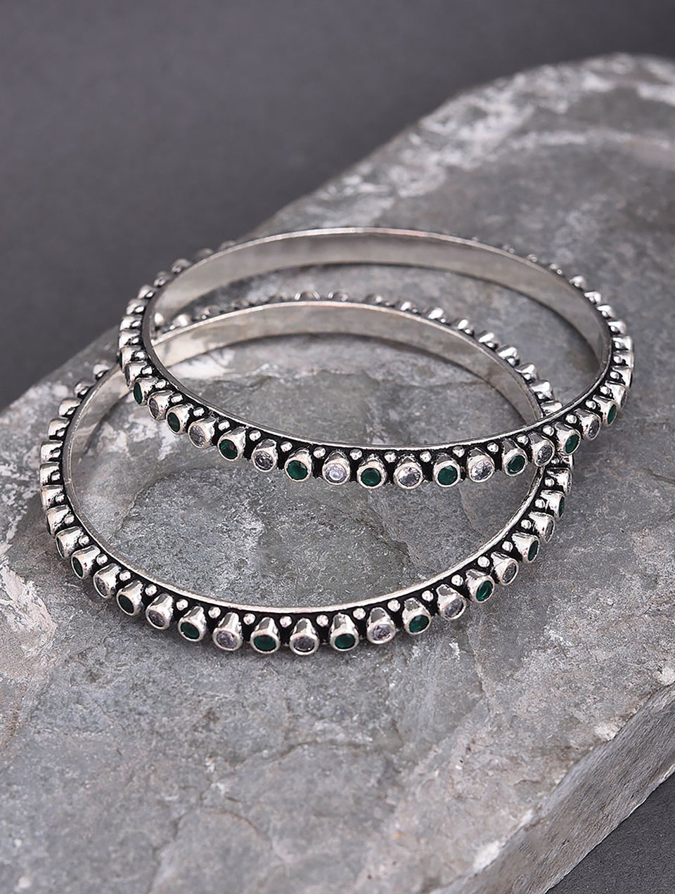 Women Green Kempstone Encursted Tribal Silver Bangles With Zircon (Pair) - 2/4