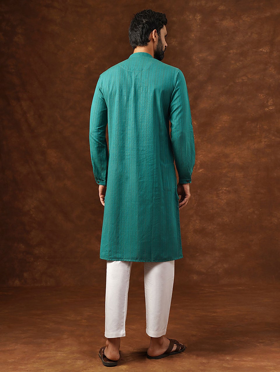 Men Teal Blue Cotton Mandarin Collar Regular Fit Kurta - 40