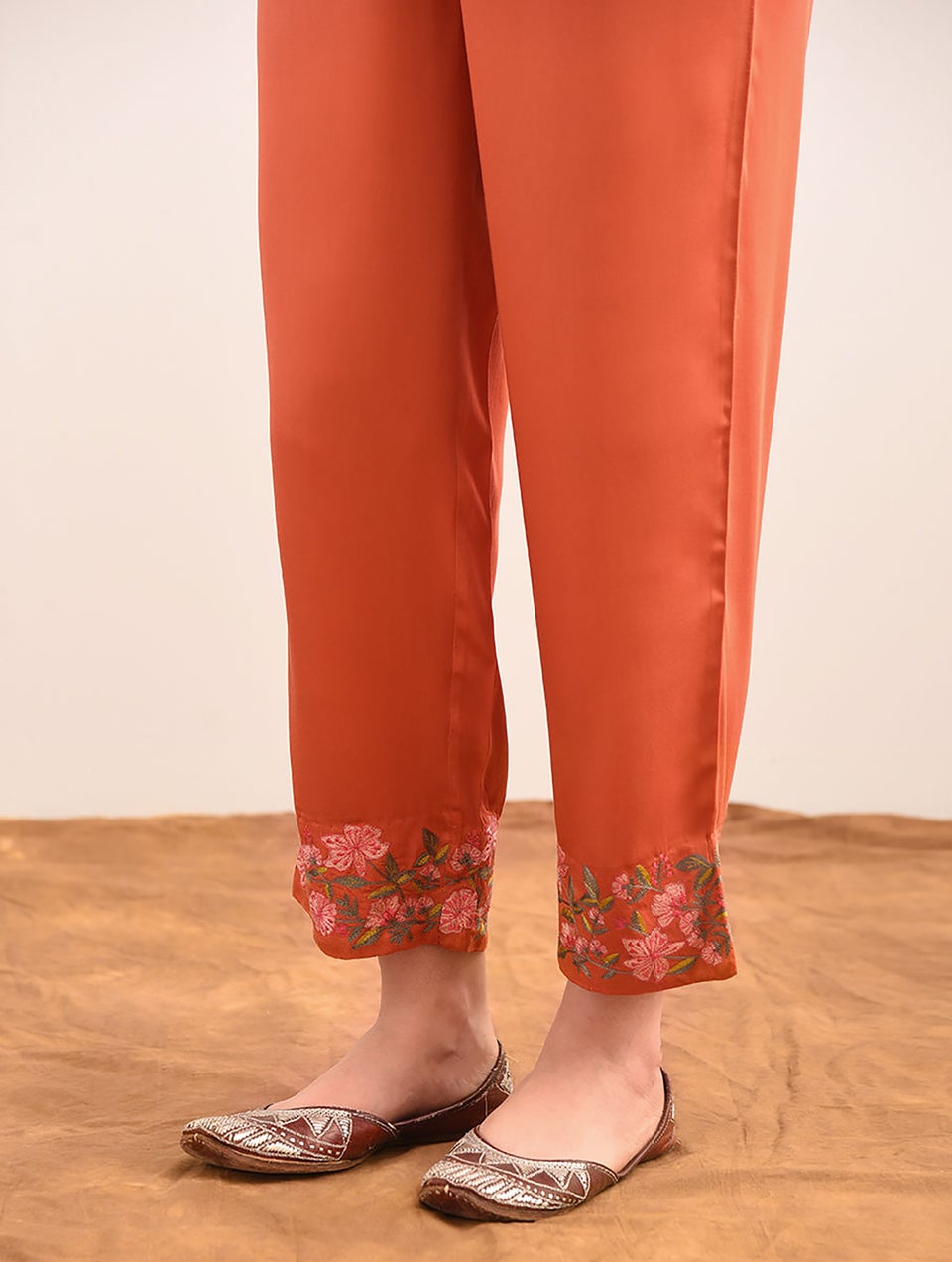 Women Rust Orange Modal Embroidered Ankle Length Regular Fit Pant - XS