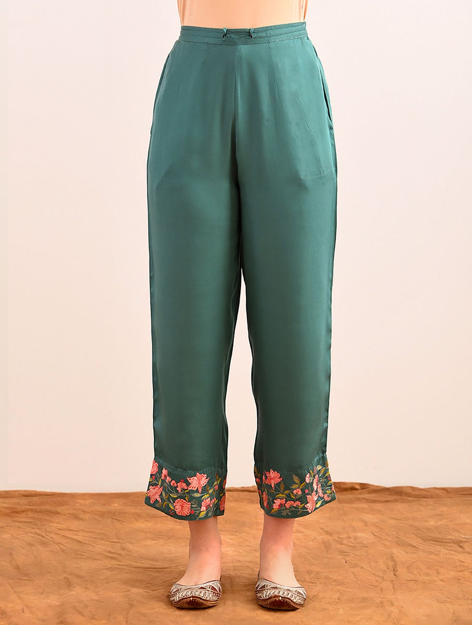 Women Teal Embroidered Elasticated Waist Modal Pants