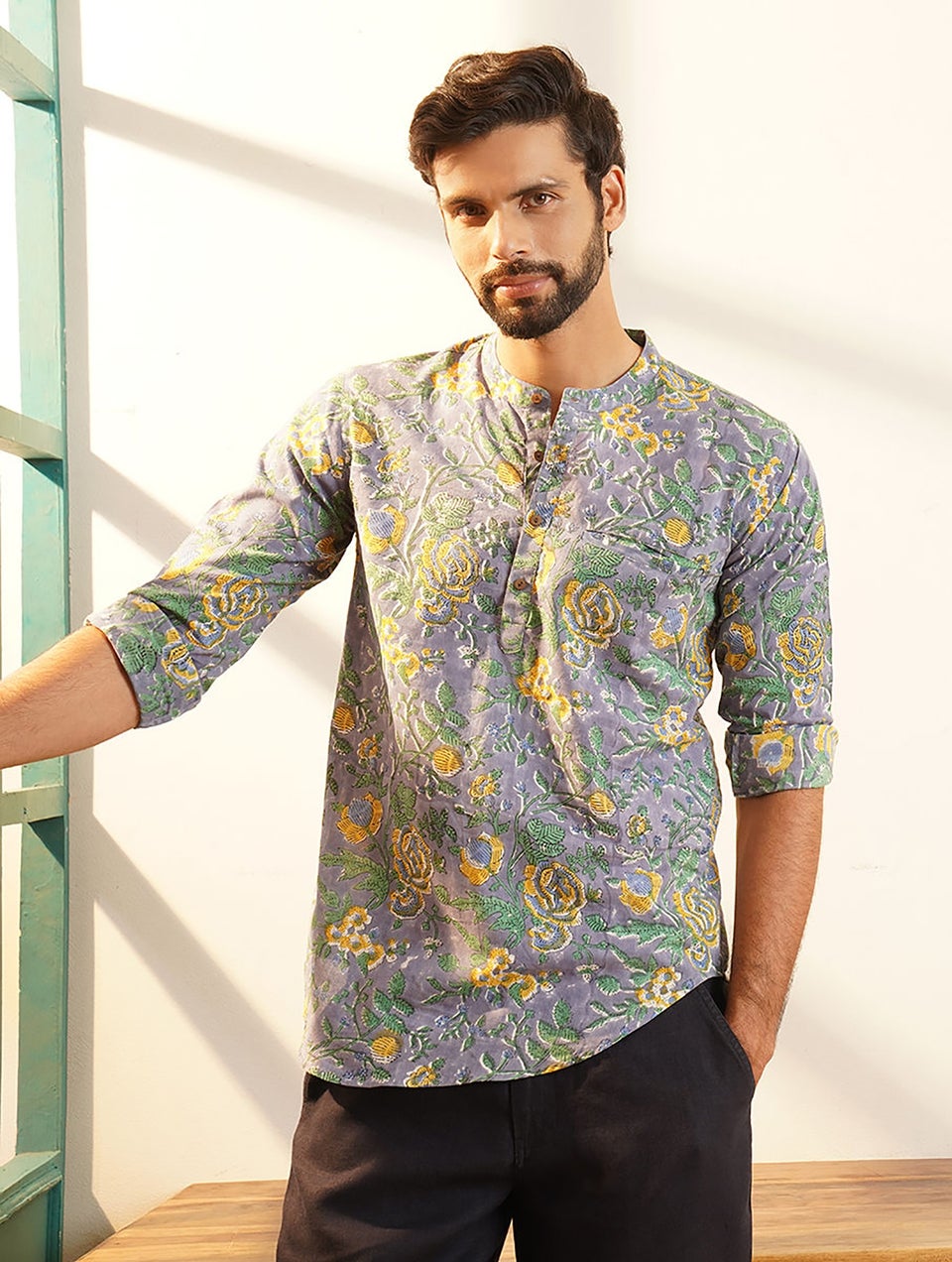 Men Multicolor Block Printed Very Short Cotton Kurta