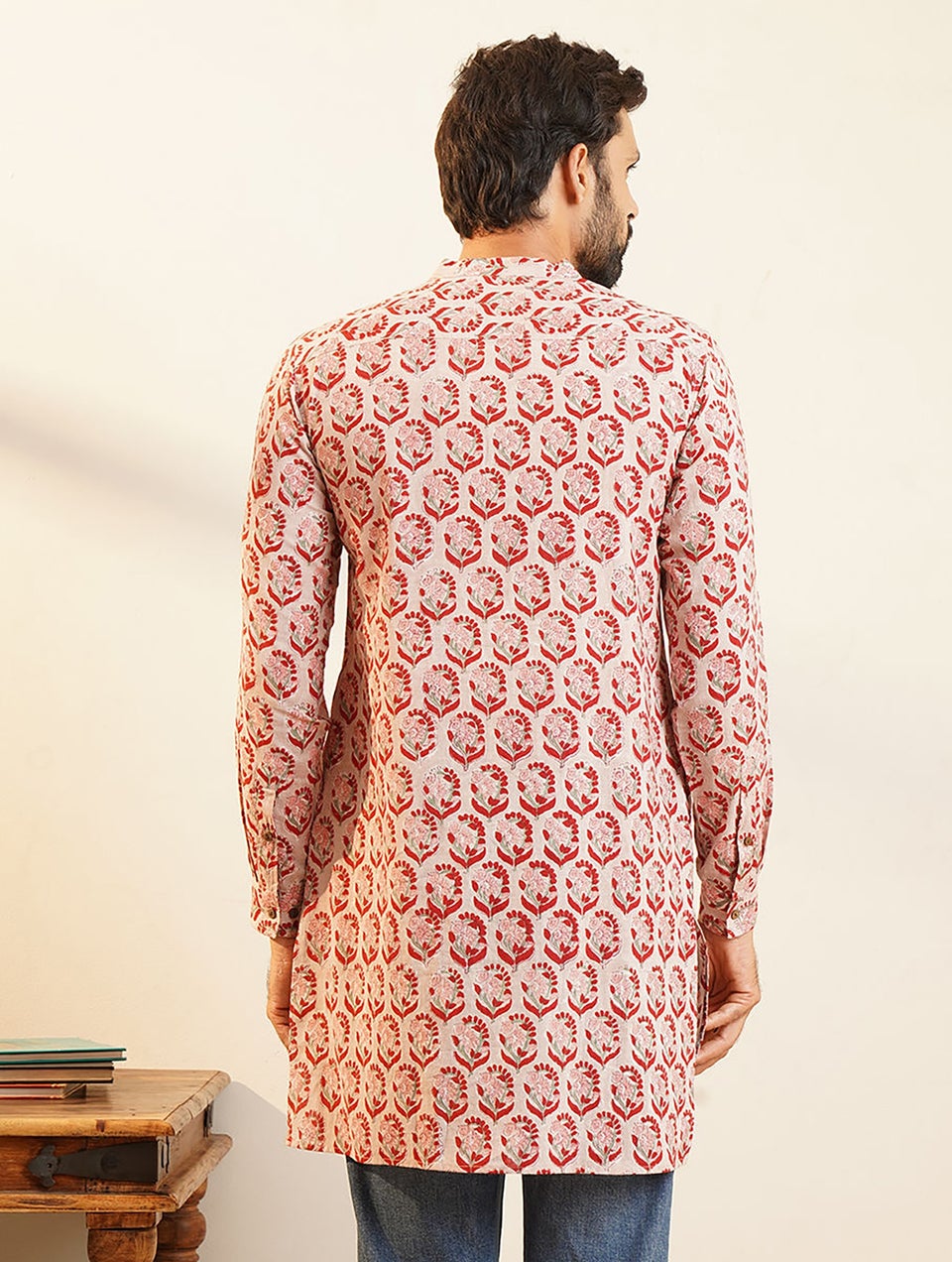 Men Multicolor Block Printed Short Cotton Kurta