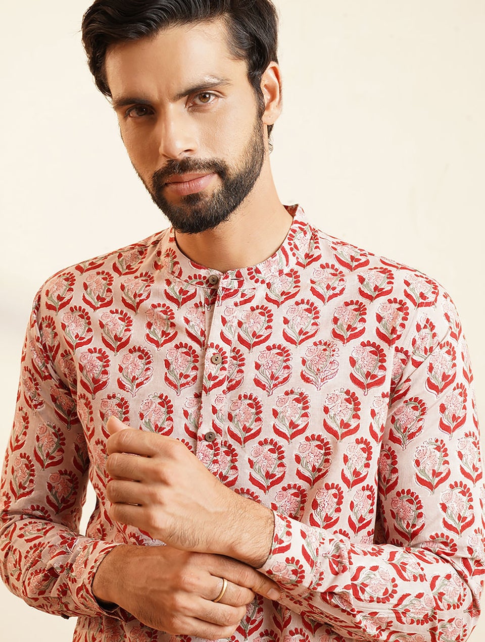 Men Multicolour Cotton Block Print Mandarin Collar Regular Fit Kurta - 40