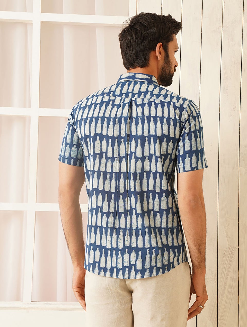 Men Blue Block Printed Cotton Half Sleeve Shirt