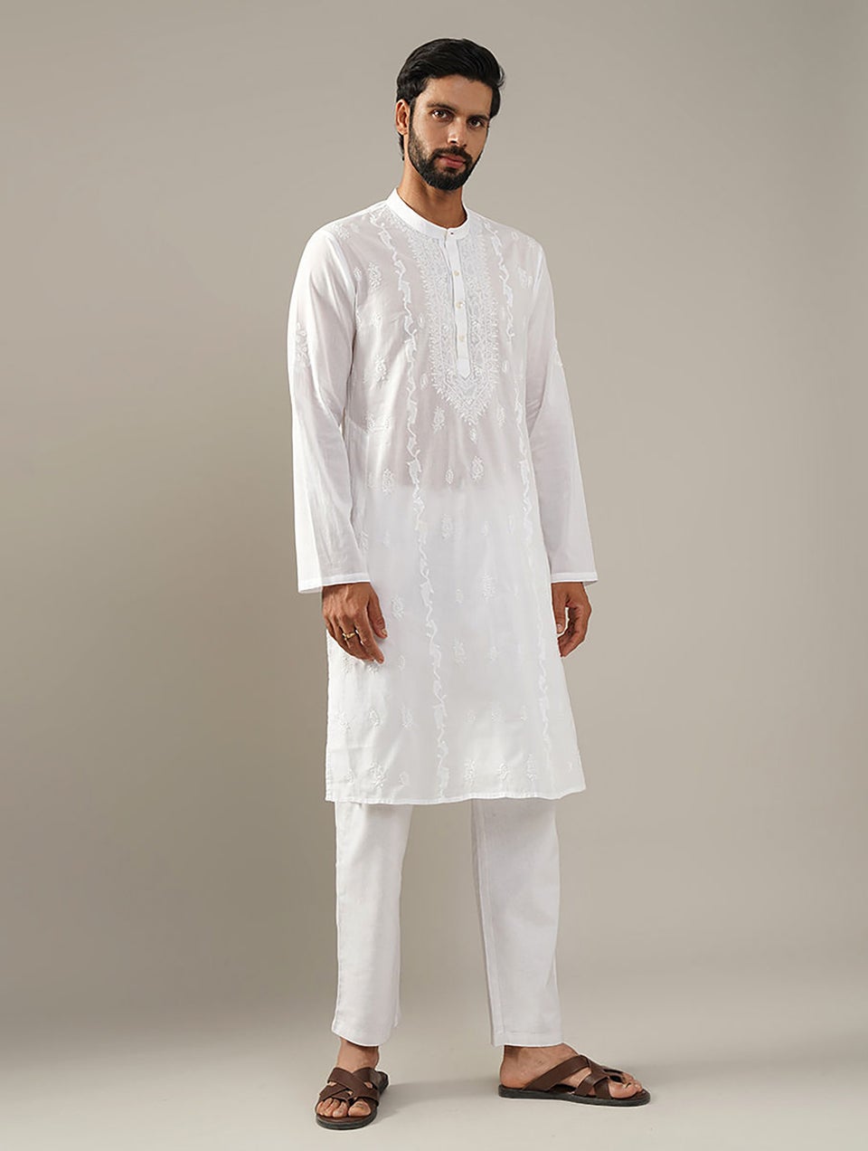 Men White Cotton Chikankari Mandarin Collar Regular Fit Kurta - S