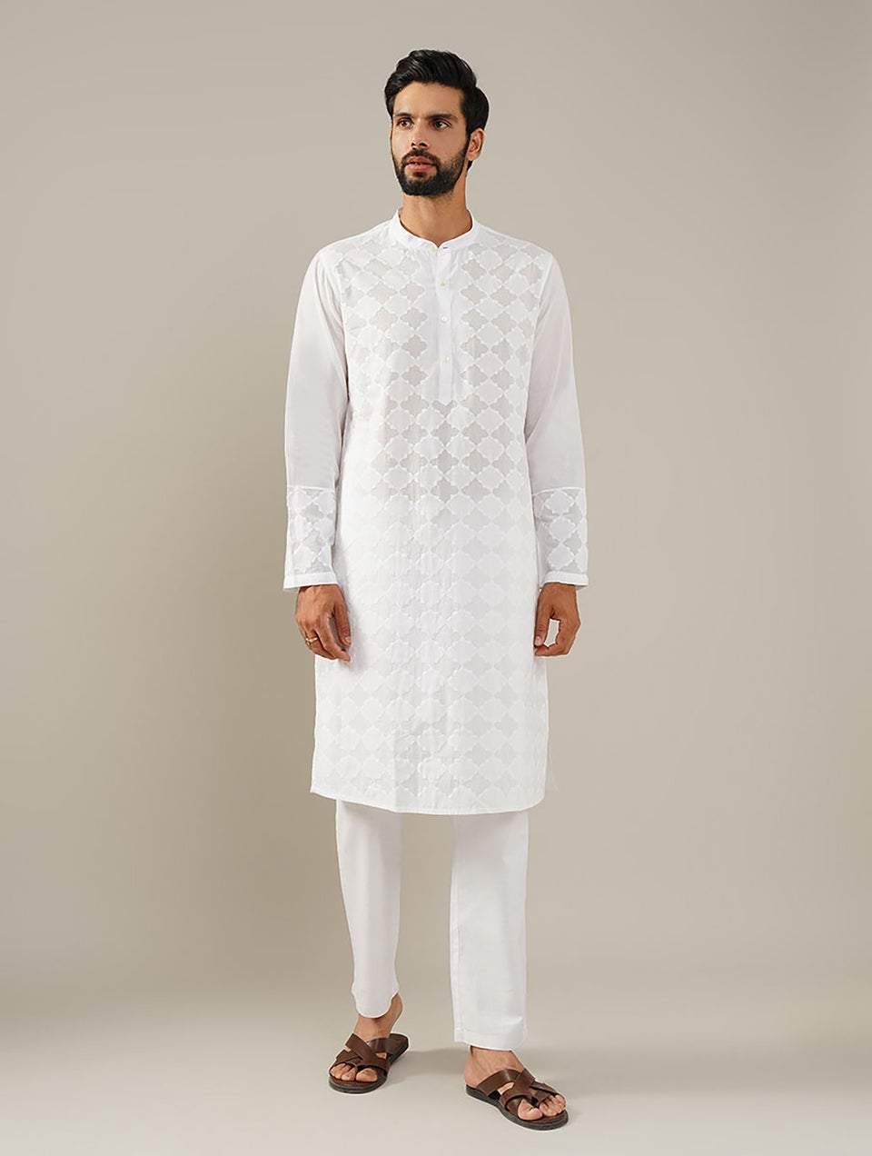 Men White Hand Applique Cotton Long Kurta