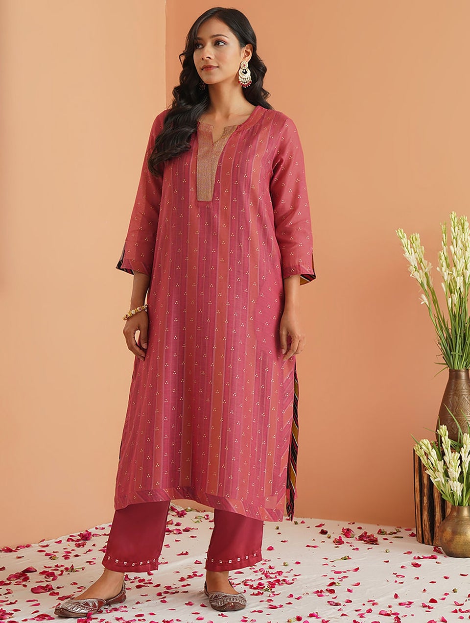 Women Coral Red Cotton Silk Round Neck A Line Kurta , Slip & Pant - S