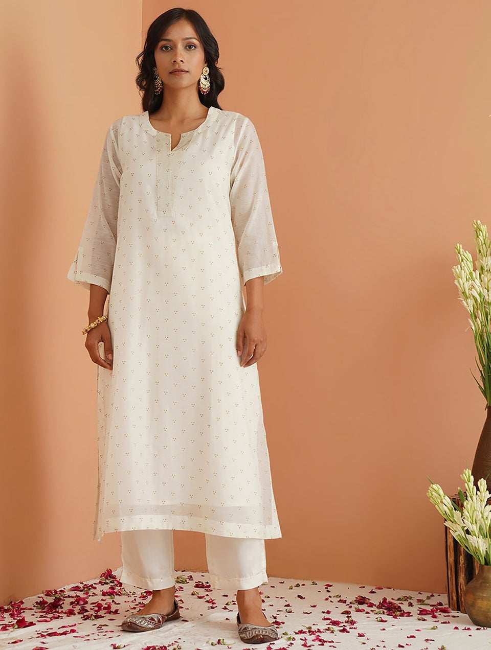 Women Ivory Cotton Silk Round Neck A Line Kurta , Slip & Pant - S