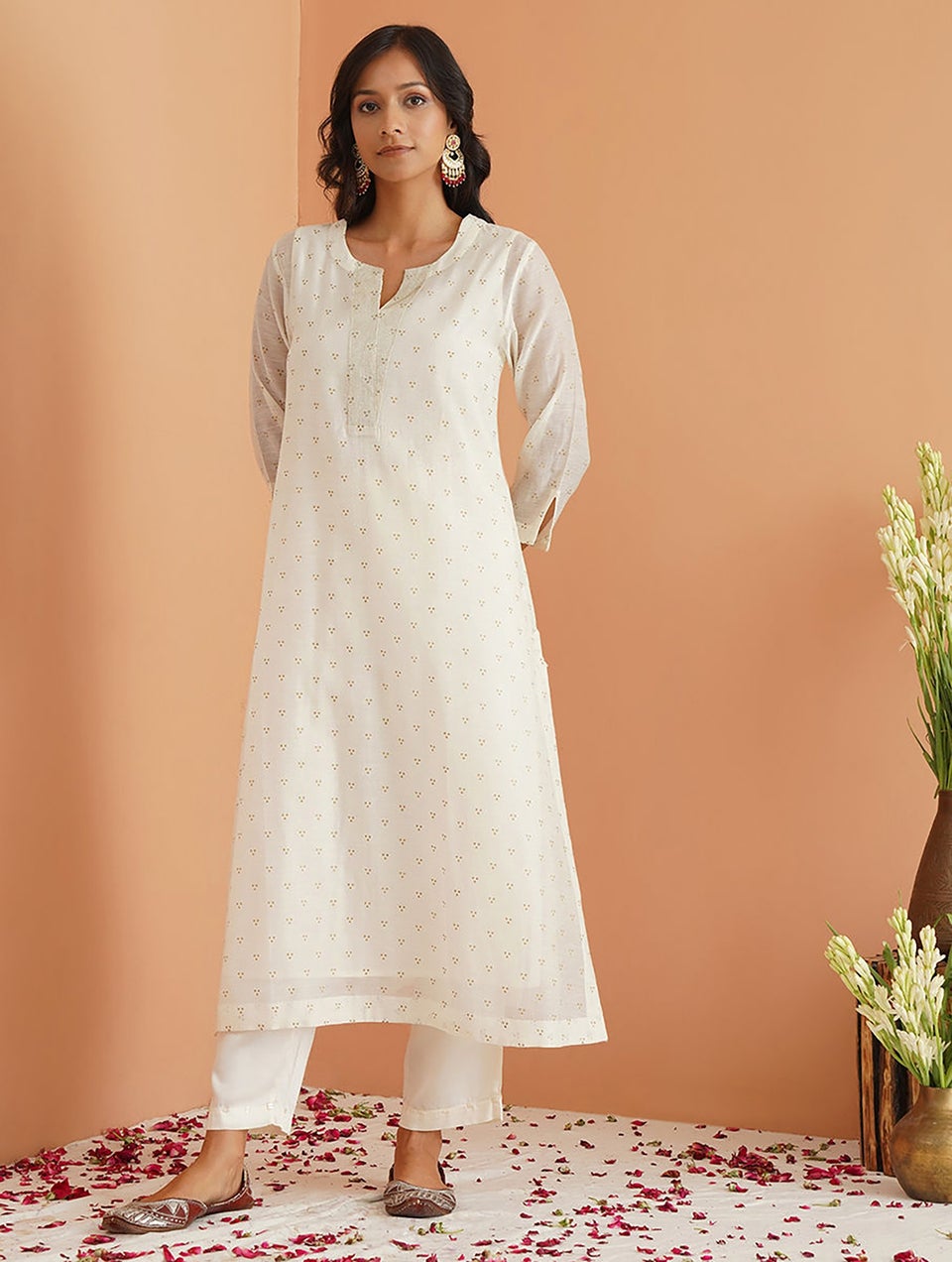 Women Ivory Cotton Silk Round Neck A Line Kurta , Slip & Pant - S