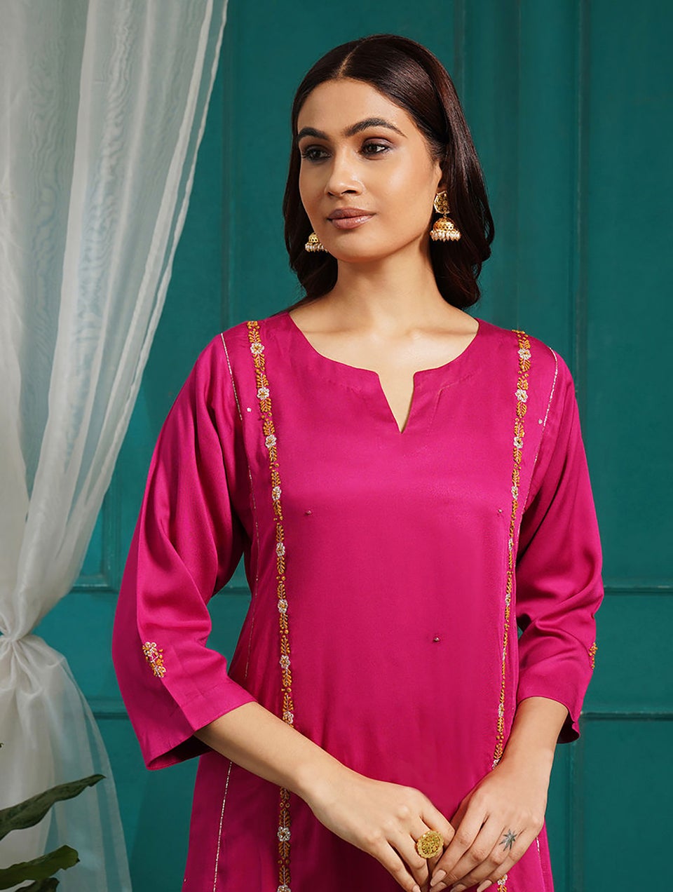 Women Pink Modal Embroidered Round Neck Straight Kurta With Pant - XS