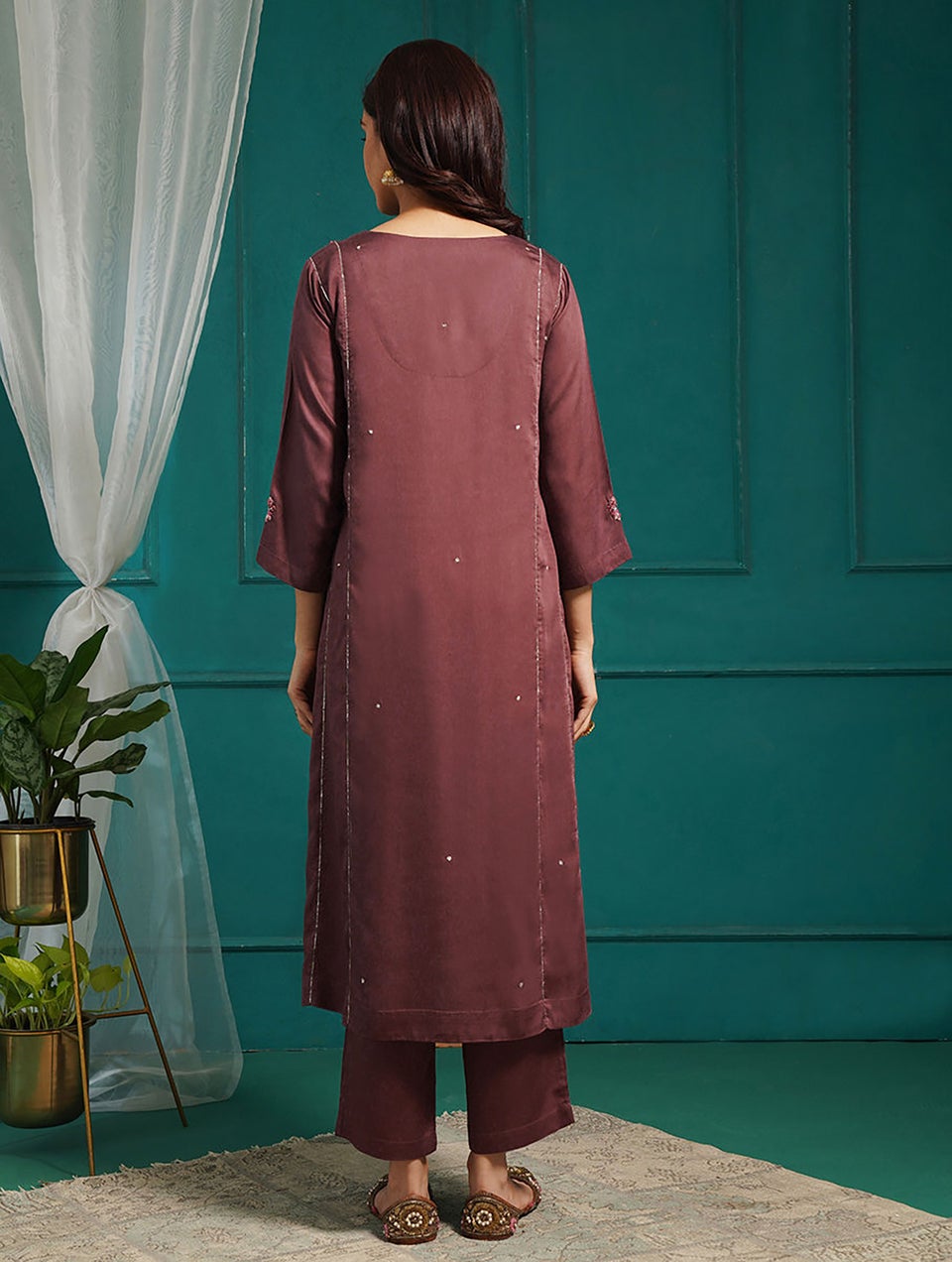 Women Wine Purple Modal Embroidered Round Neck Straight Kurta With Pant - XS