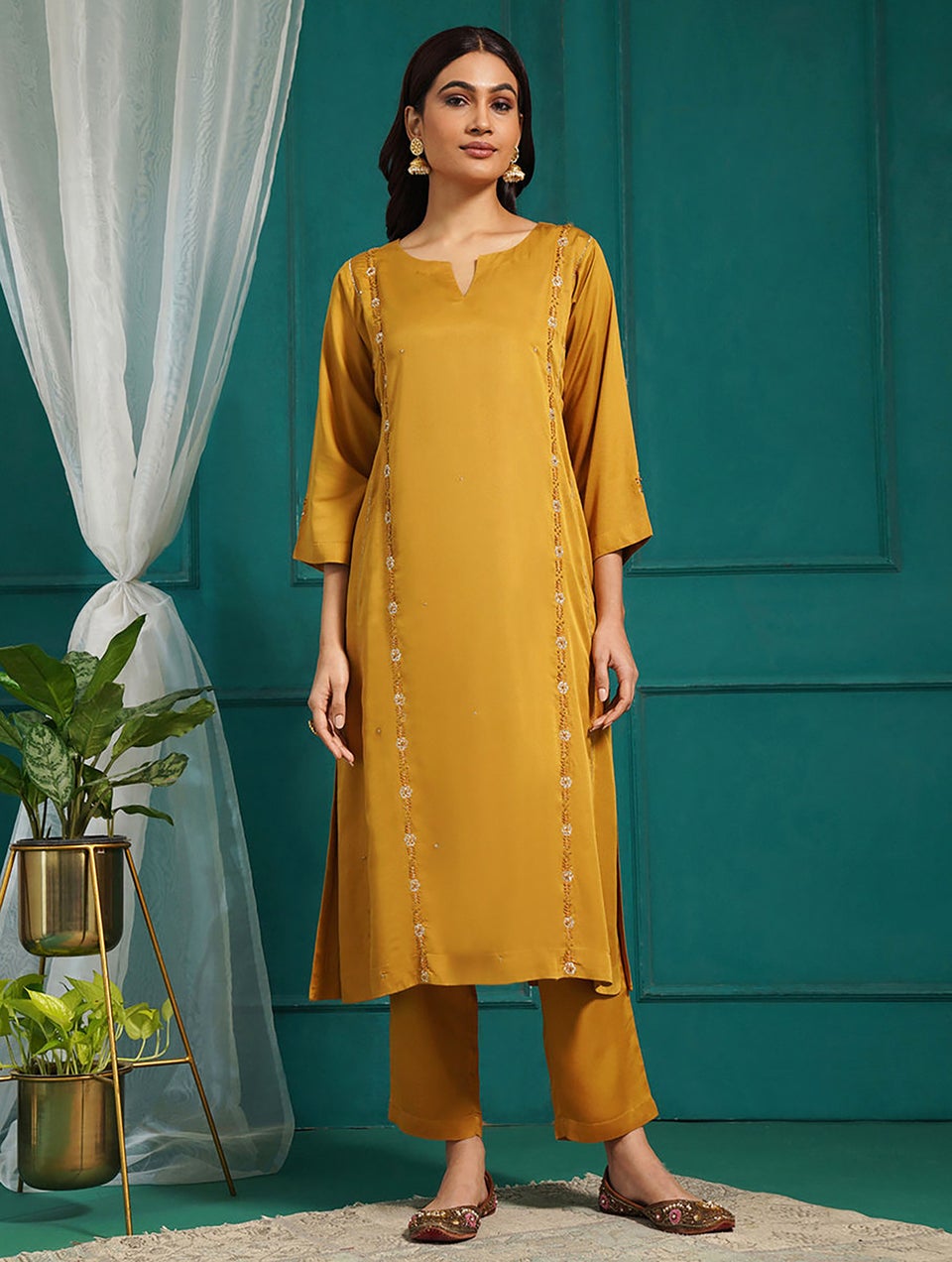 Women Mustard Yellow Modal Embroidered Round Neck Straight Kurta With Pant - XS