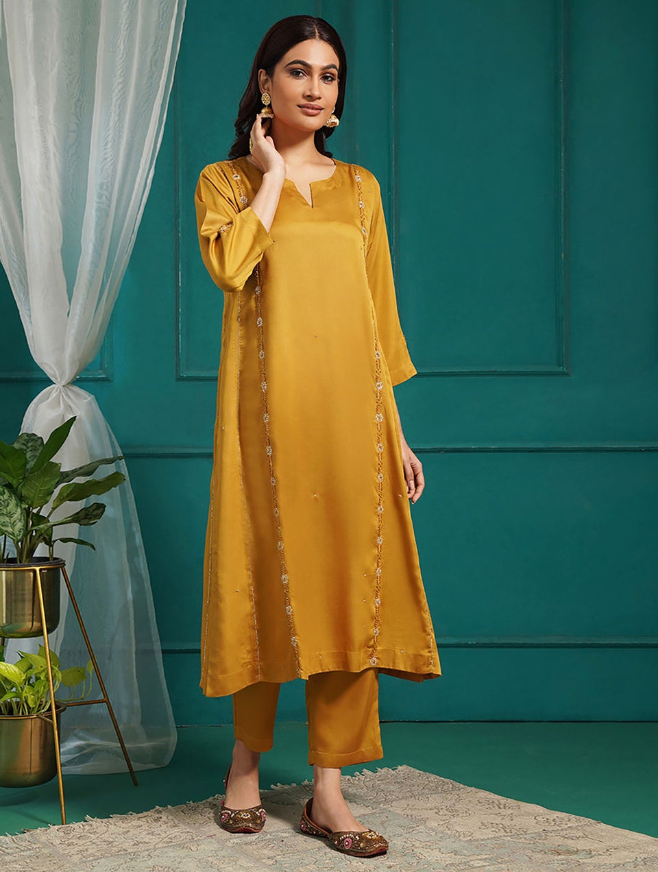 Women Mustard Yellow Modal Embroidered Round Neck Straight Kurta With Pant - S