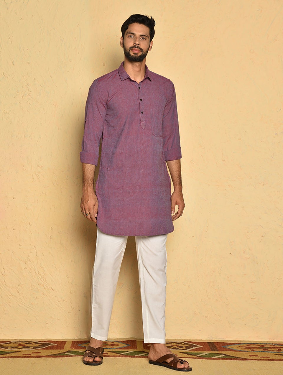 Men Pink Cotton Short Kurta