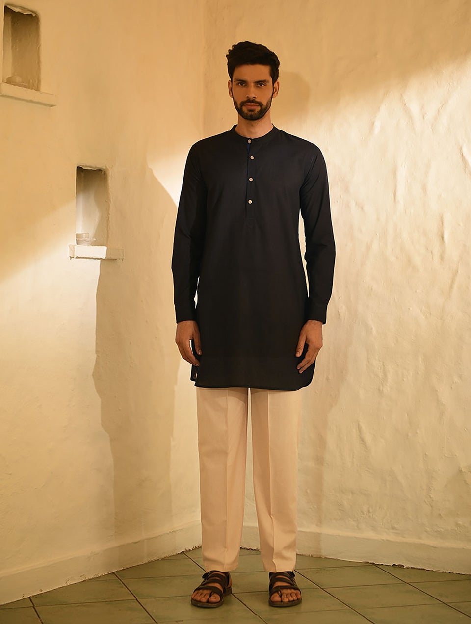 Men Beige Elasticated Waist Cotton Pyjama With Pockets - S