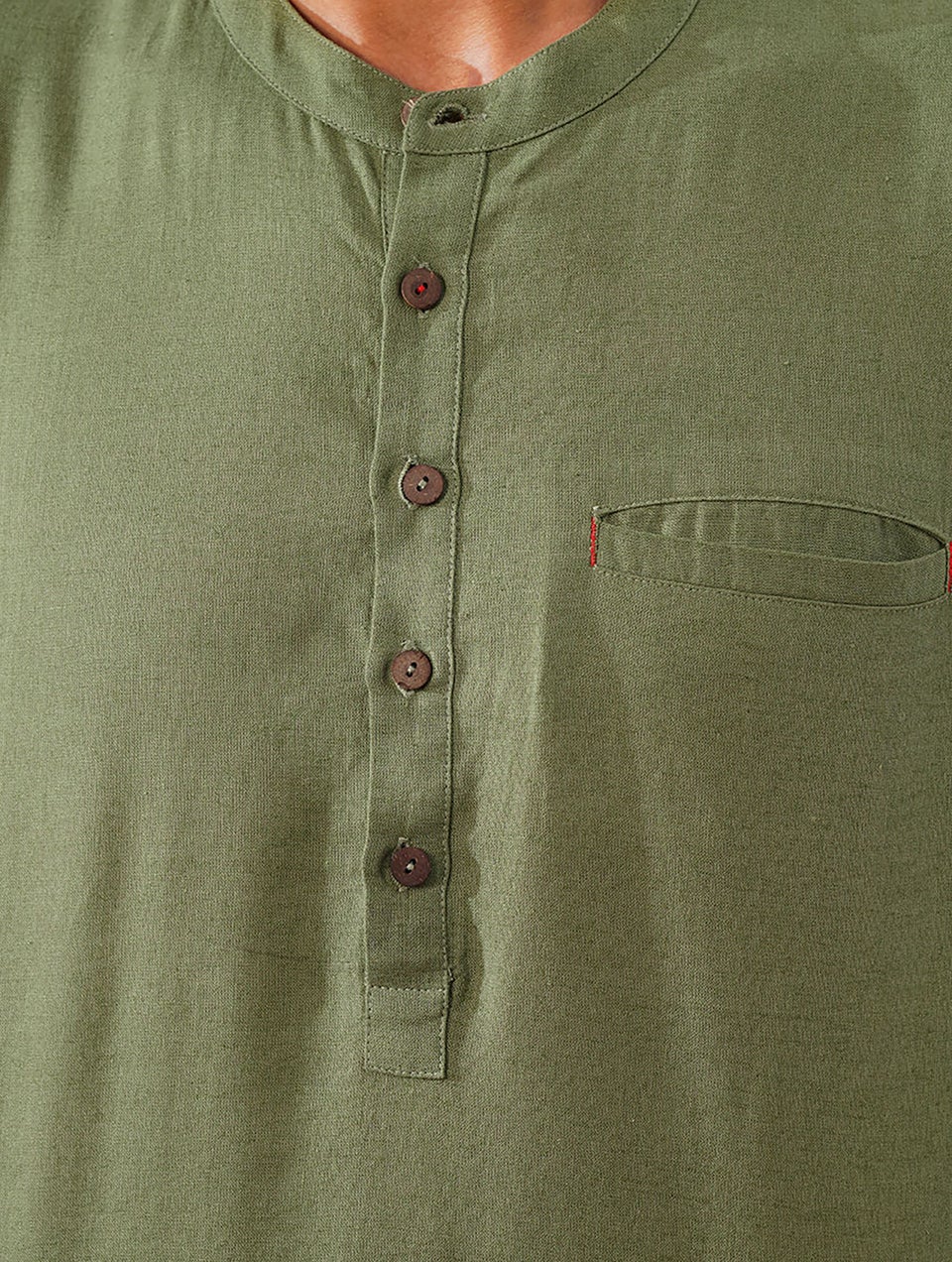 Men Olive Green Cotton Linen Mandarin Collar Regular Fit Kurta - 44