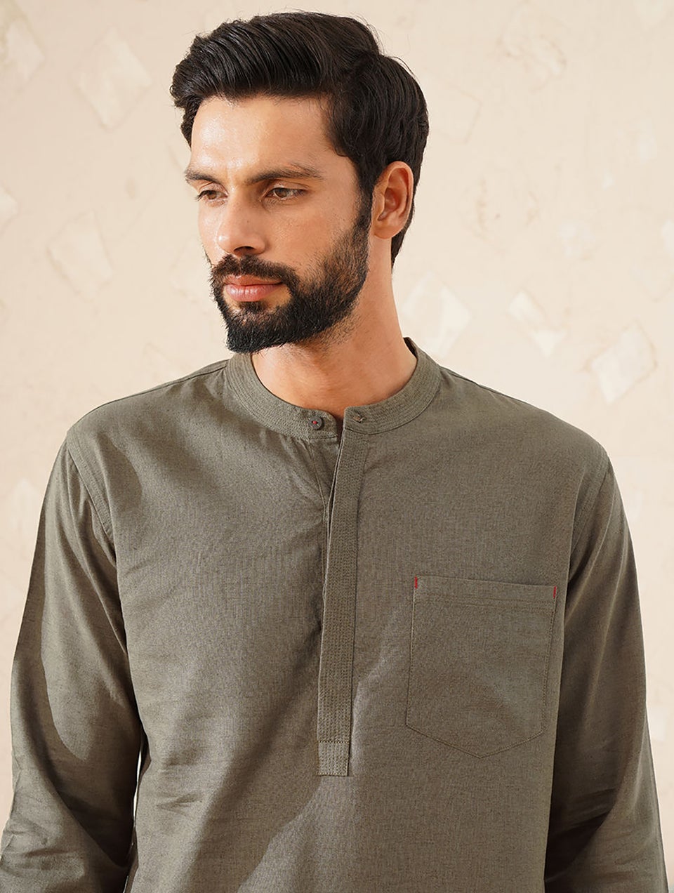 Men Brown Cotton Linen Mandarin Collar Regular Fit Kurta - 38