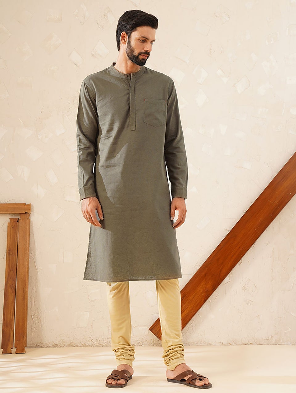 Men Brown Cotton Linen Mandarin Collar Regular Fit Kurta - 38