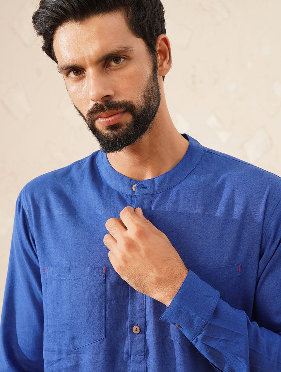 Men Cobalt Blue Cotton Linen Mandarin Collar Regular Fit Kurta - 38