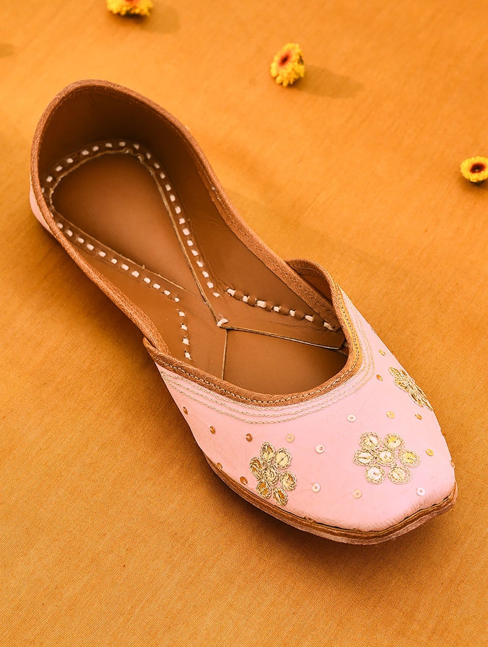 Women Pastel Pink Handcrafted Sequinned Leather with Zari work
