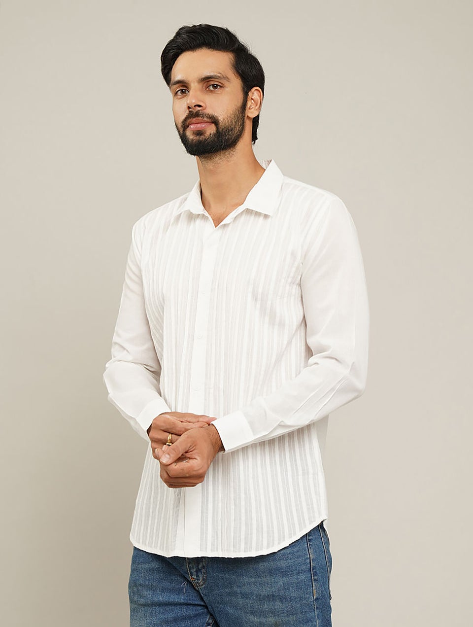 Men White Cotton Full Sleeves Shirt With Pleats