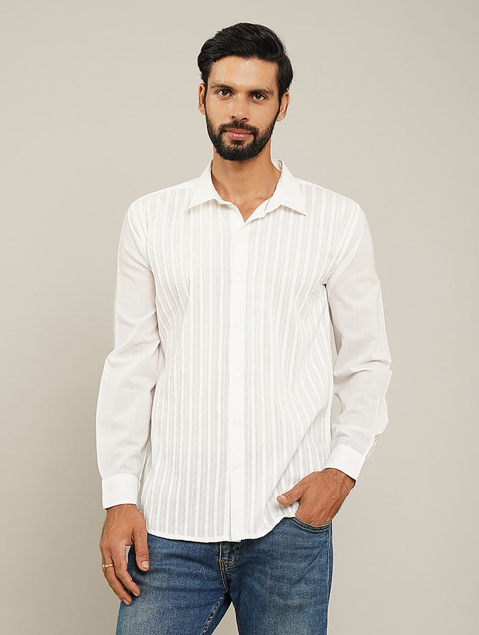 Men White Cotton Full Sleeves Shirt With Pleats