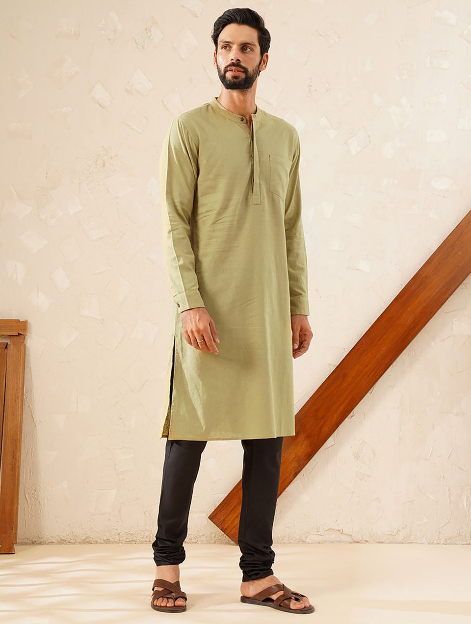 Men Brown Cotton Linen Mandarin Collar Regular Fit Kurta - 38