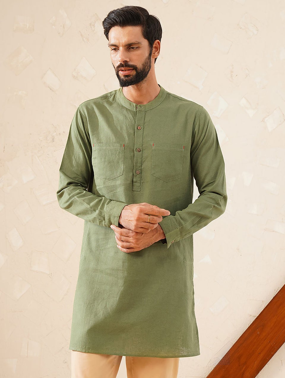 Men Olive Green Cotton Linen Mandarin Collar Regular Fit Kurta - 38